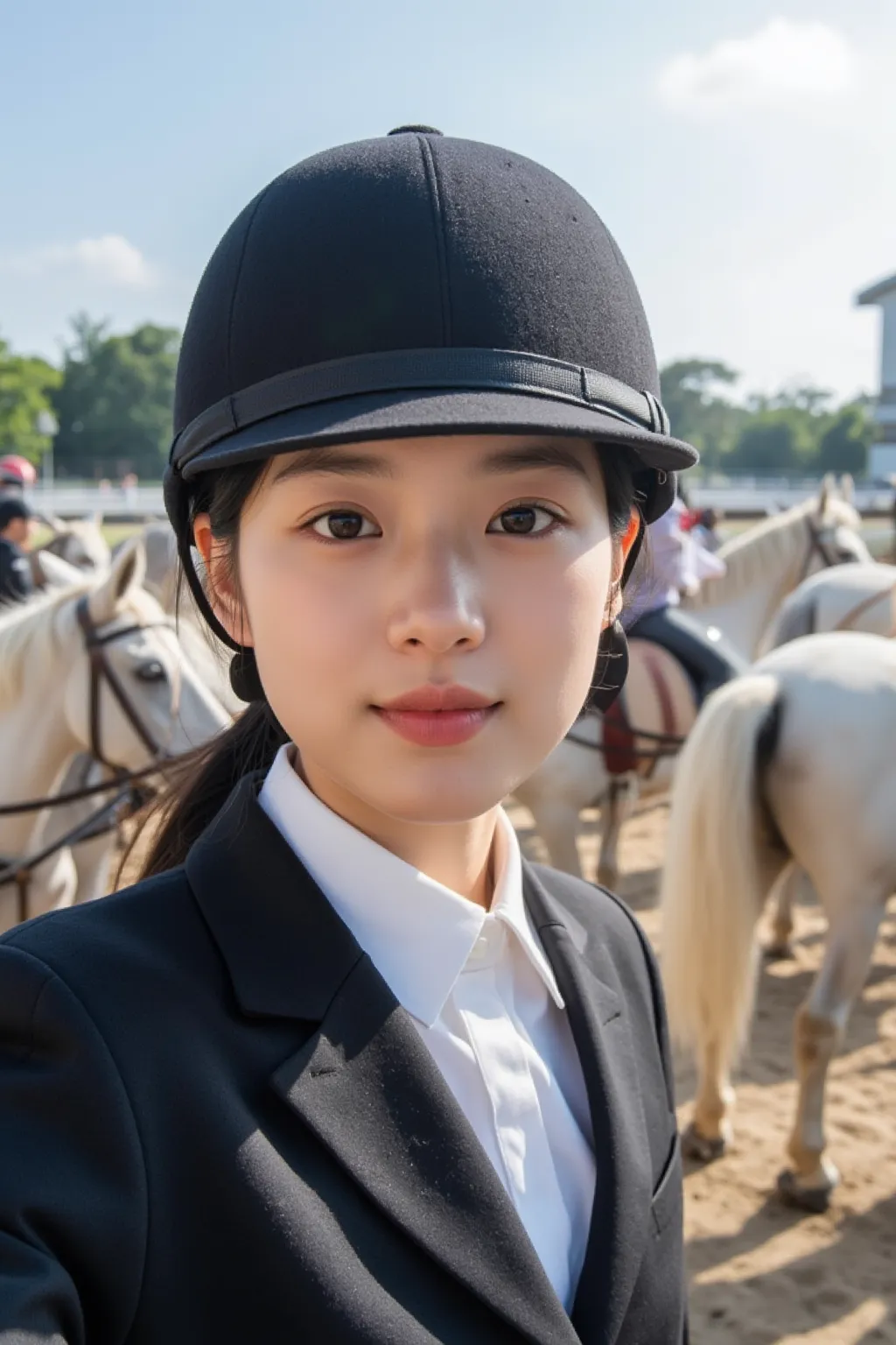 cute selfie from the first perspective. a 36-year-old ceo of a listed company in singapore, with a round face and chest-length s...