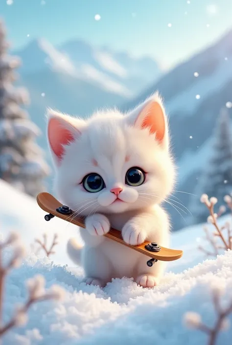 Kitten carrying a snowboard