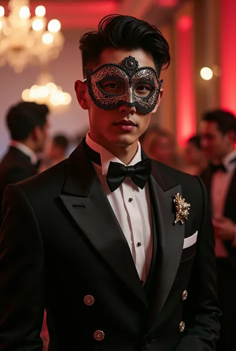 " Creates an image of a young Korean man with extremely white skin, almost pale,  with a muscular build ,  wearing an elegant formal outfit at a masquerade party . He wears a mask with a beautiful and intricate ,  design that adds a touch of mystery and el...