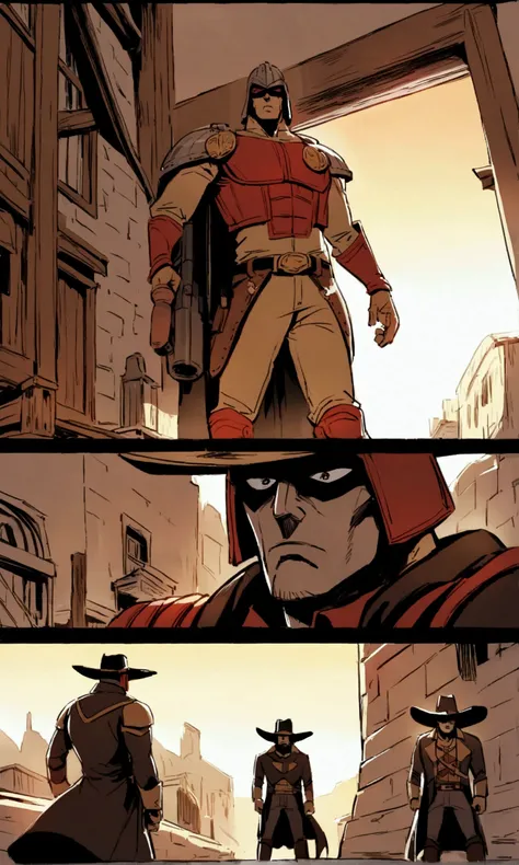 Comics judge dredd in a cowboy themed armor and broad rimmed hat helmet, big badge, huge gun. He is confronting mutant viallain cowboys in an old west town, high noon
