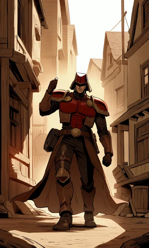 Comics judge dredd in a cowboy themed armor and broad rimmed hat helmet, big badge, huge gun. He is confronting mutant viallain cowboys in an old west town, high noon
