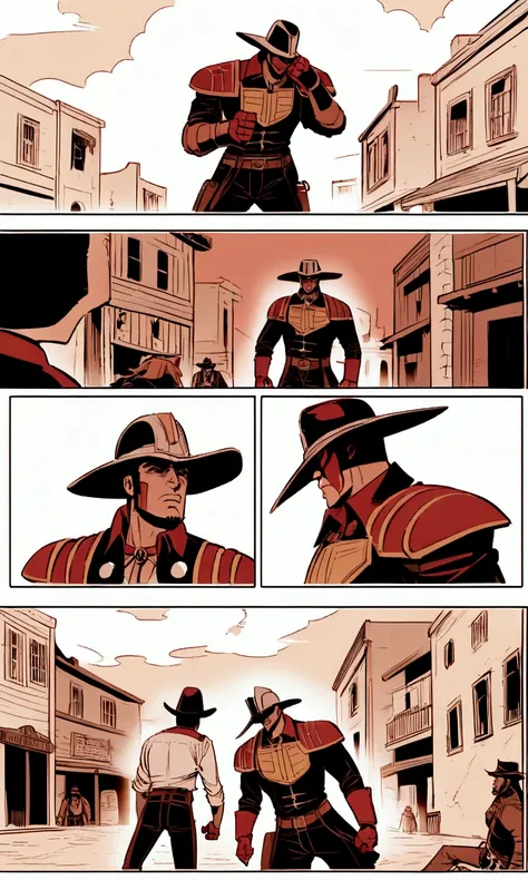 Comics judge dredd in a cowboy themed armor and broad rimmed hat helmet, big badge, huge gun. He is confronting mutant viallain cowboys in an old west town, high noon
