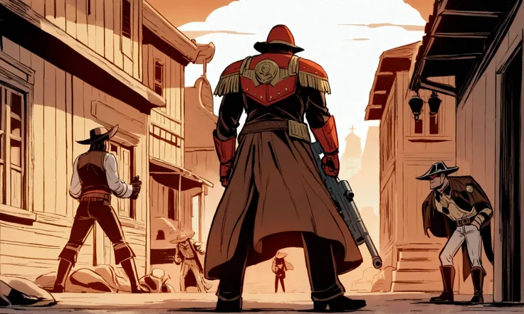 Comics judge dredd in a cowboy themed armor and broad rimmed hat helmet, big badge, huge gun. He is confronting mutant viallain cowboys in an old west town, high noon
