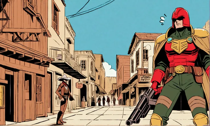 Comics judge dredd in a cowboy themed armor and broad rimmed hat helmet, big badge, huge gun. He is confronting mutant viallain cowboys in an old west town, high noon
