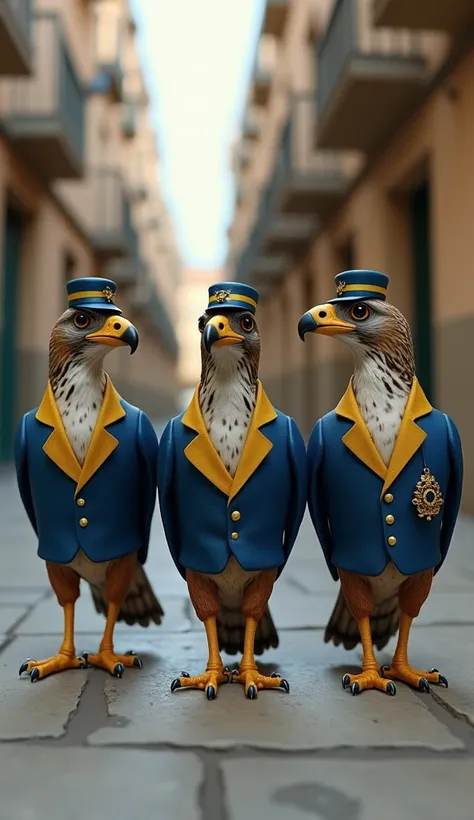 "Create an ultra-realistic 4K image of three miniature spotted eagles dressed in outfits inspired by the União Brasil party. Each eagle wears stylish attire in blue and yellow tones, including a small blue hat with yellow details and accessories that conve...