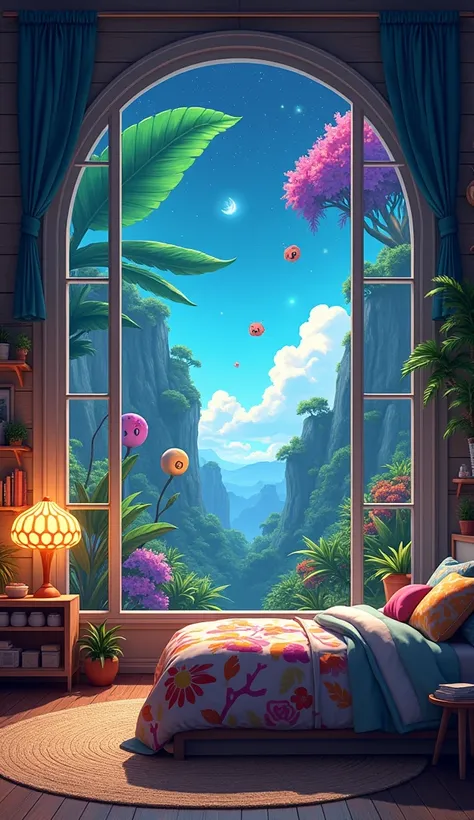 Generate an ultra-realistic 4K anime-style image, inspired by the illustration style of Akira Toriyama, depicting the interior of a cozy and adventurous bedroom with a massive window that opens to a fantastical jungle scene. The bedroom features a large be...