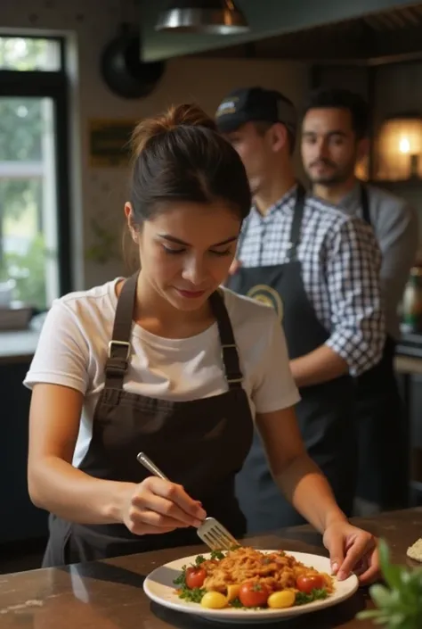 An image that shows a woman with Latin American traits working in customer service under a lot of stress and a Latin American man being a kitchen assistant lkla the image has to look like a photograph and both people must be in separate environments
