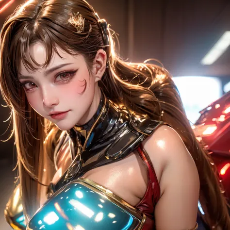 High image quality,8k, 1 close-up portrait of a girls face,Shiny brown long haired ponytail , detailed,  Cyberpunk ,The costume is shiny,Shiny red long hair, riding a motorcycle ,8k, detailed目,8k,  detailed,The background is white,