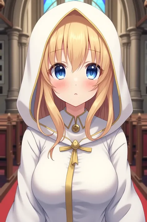 Create an anime priestess! Just a simple anime art, make the background a church.

Make sure she looks like:

Simple anime priestess art, pretty face, slightly blushing, blue eyes, blonde yellow hair, has bangs with long side bangs, pale skin, wearing a wh...