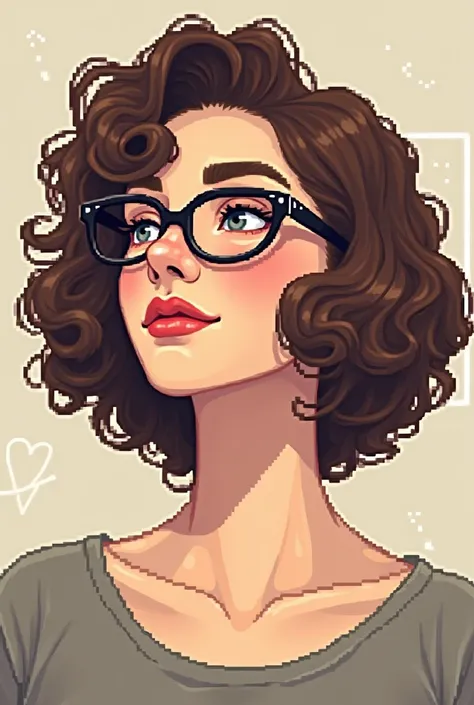 Pixel art of woman with curly short hair wearing glasses 