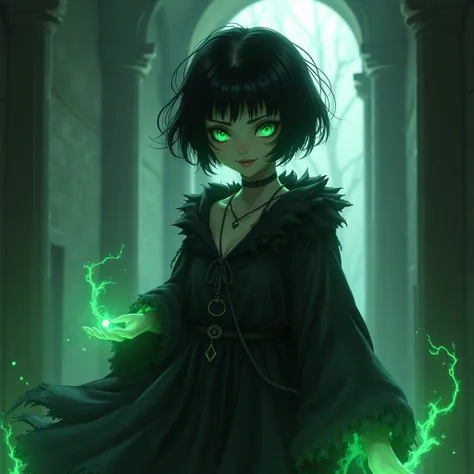 beautiful undead with an ethereal charm, her short black hair framing a pale, youthful face and glowing green eyes that exude both mystery and allure. Despite her undead nature, she retains an angelic appearance and a mischievous smile, seducing those arou...