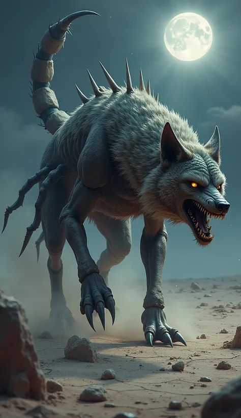 "A terrifying hybrid creature combining the fierce power of a wolf with the lethal features of a scorpion, set in an arid, moonlit desert. The creature’s upper body resembles a wolf, with thick, bristling fur, glowing amber eyes, and a snarling maw filled ...