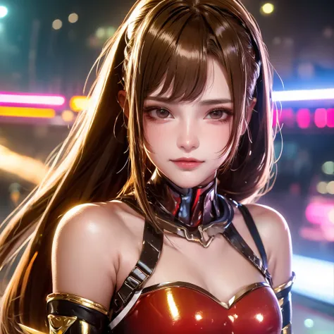 High image quality,8k, 1 close-up portrait of a girls face,Shiny brown long haired ponytail , detailed,  Cyberpunk ,The costume is shiny,Shiny red long hair, riding a motorcycle ,8k, detailed目,8k,  detailed,The background is white,