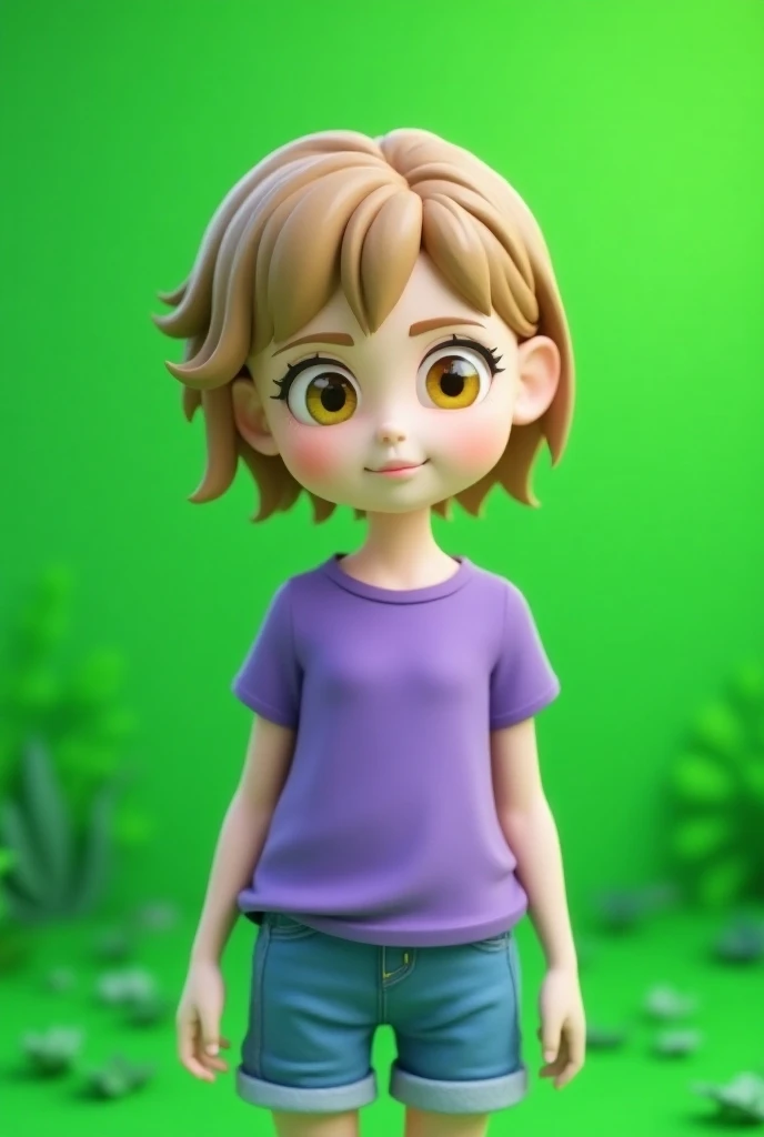  Purple shirt 。 anime female character with white skin and golden eyes,  purple shirt and blue shorts , A gentle smile,  green background Pixar 　3d