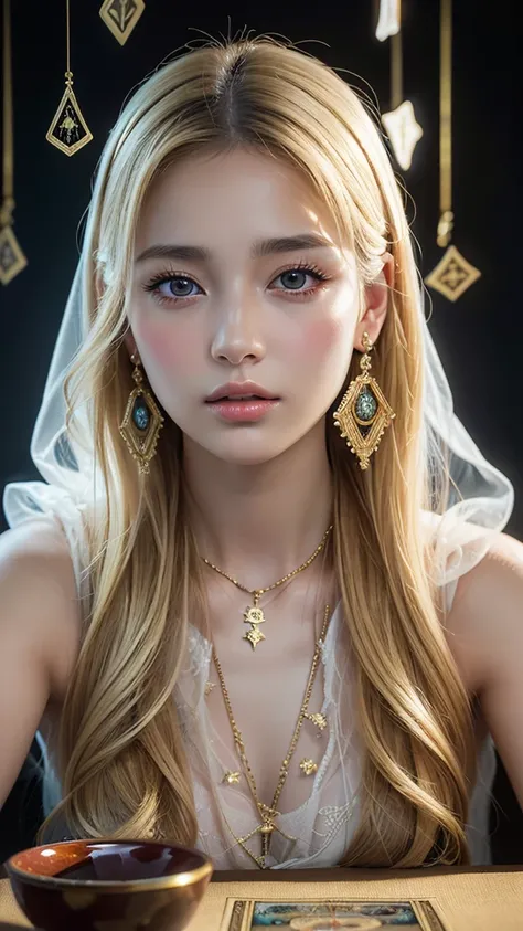  masterpiece 」,  best quality,  ultra high resolution, (photoRealistic:1.4),  RAW Photos, 8K Photo,  Impressionist Paintings , Realistic,  Gold Earrings 、 ((Blonde、Eyebrows are golden))、笑顔の美しい若いフード付きのBlondeの女の子, Fortune Teller  , (( tarot cards and crystal...