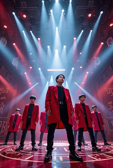  a 25-year-old Korean band wearing a red jacket is in concert on a magnificent stage full of lights and inscriptions "MAS WIDY  