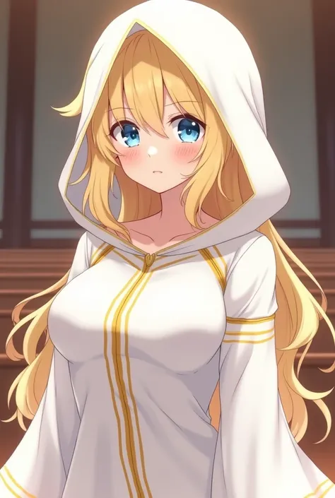 Create an anime priestess! Just a simple anime art, make the background a church.

Make sure she looks like:

Simple anime priestess art, pretty face, slightly blushing, blue eyes, blonde yellow hair, has bangs with long side bangs, pale skin, wearing a wh...