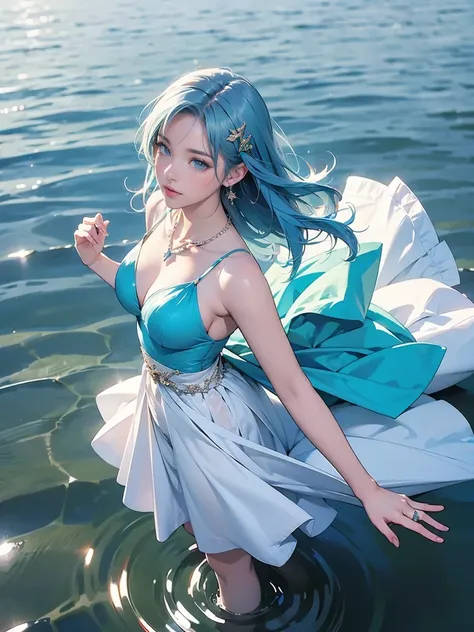 (Translator:.95), ((On the water(On the Lake)High angle photo of a beautiful water goddess floating in))、Controlling Water, full body shot、Hair clip、Light blue hair、Aqua Eye、 glamorous 、Princess Dress、Hair clip、 Necklaces 、Earrings、 Stephen Kostic &#39; st...