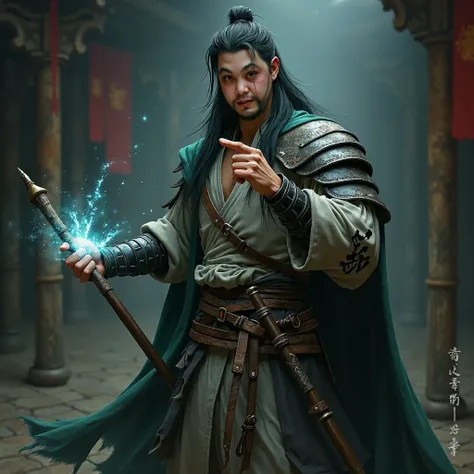 Character details, man, Ancient Chinese, Long hair,  Hairstyle, Yellow skin,  medieval , adventurer, Black shiny hair,  Dark green cape, Swarthy eyes, Cold and handsome face,Smile, Lots of shadows, Dark, Western mainland mercenary leather armor ， White lin...