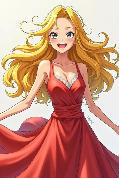 Portgas D Rouge in a blonde dress smiling and with freckles on her face from the One Piece anime