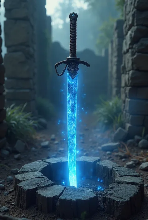 A katana with a blue glow found in an abandoned bonfire pit in a ruined site 