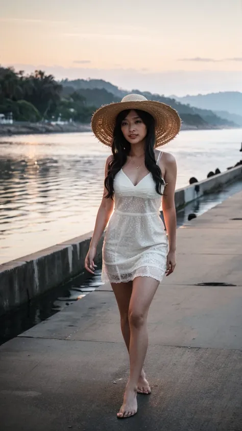 8k、 high definition 、masterpiece、 best quality、 1 girl,Natural body shape、 white skin、  natural makeup、(( black hair、Straight hair ))、 white dress 、 Straw Hat with Wide Brim 、barefoot、walk、 camera in front of the gauge、 head-to-toe portrait 、(Thighs)、coast...