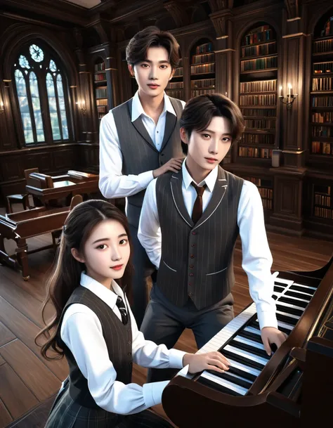 sketch Korean man ((with brown eyes)), Beautiful, brown short hair in a white shirt,  dark gray classic vest , dark gray trousers stands behind the girl and teaches her to play the photopiano tilting his head on the girls shoulder,.  playing piano in four ...