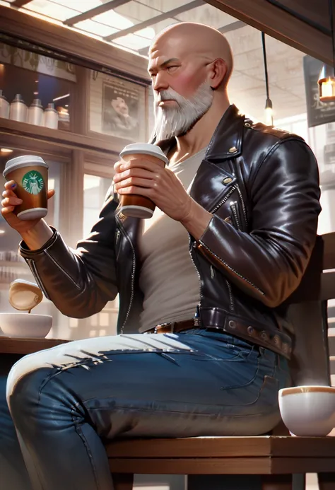 a bald 53 year old man with a long white beard, well-built physique, wearing a leather jacket, jeans, and cowboy boots, sitting in a cafe and drinking coffee, ultra-high definition, realistic, highly detailed