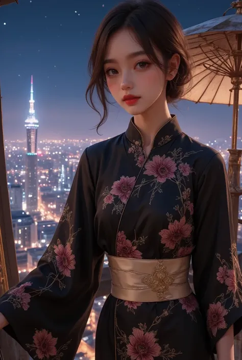 One woman,(kimono, 黒いkimono, Floral, print kimono, sash,  wide sleeve , heart),City Background,( RAW Photos,  best quality), (Realistic,  photorealistic:1.4), Tang Umbrella, masterpiece,  very delicate and beautiful,  very detailed , 2k wallpaper, wonderfu...