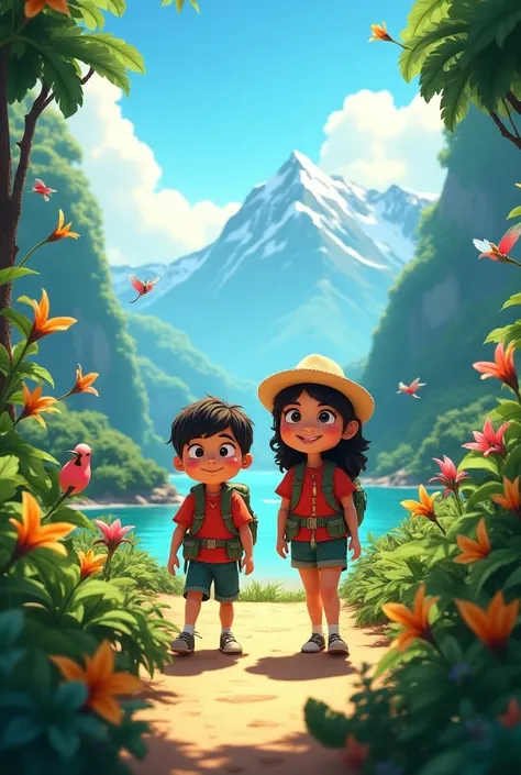  animated image about a magical journey through the regions of Ecuador, where landscapes ,  flora and fauna are reflected together with 2 ren 