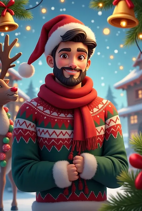  Light brown young man,with dark beard  , anime, Christmas clothes,  Christmas bells and reindeer, Name IVAN  