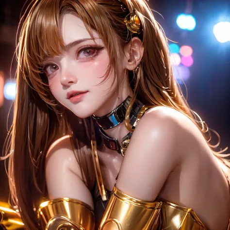 High image quality,8k, 1 close-up portrait of a girls face,Shiny brown long hair, detailed,  Cyberpunk ,The costume is shiny,Shiny red long hair, riding a motorcycle ,8k, detailed目,8k,  detailed,The background is white,