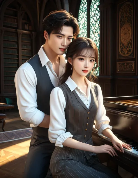 couple in love 1 girl , 1 man, sketch Korean man ((with brown eyes)), Beautiful, brown short hair in a white shirt,  dark gray classic vest , dark gray trousers stands behind the girl and teaches her to play the photopiano tilting his head on the girls sho...