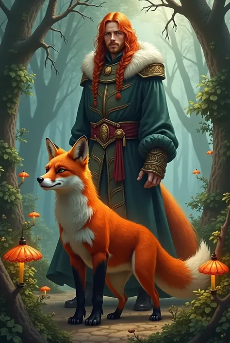  A red fox in an enchanted forest.   Protecting her handsome master , tall and red-haired .