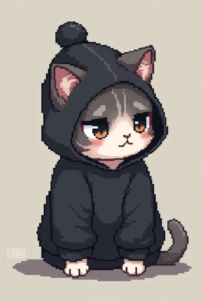 cute pixel art depressive anime cat with black sweatshirt and beanie 