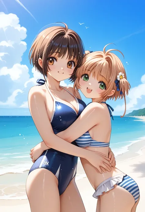 (2 girls)++, (masterpiece)+++, (best quality)+++, cowboy shot, young face, cute face, orgasm expression, shiny skin, slender,  6 heads high, beach, 
left girl is (kinomoto sakura, big breasts, brown and short hair, cute bikini),  right girl is (daidouji to...