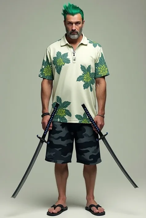 Man , Missy short hair green color ,white polo with green flowers,with two katana blue handle ,have red eyes,gray small beard ,wearing flipflop, black short gray camo, 