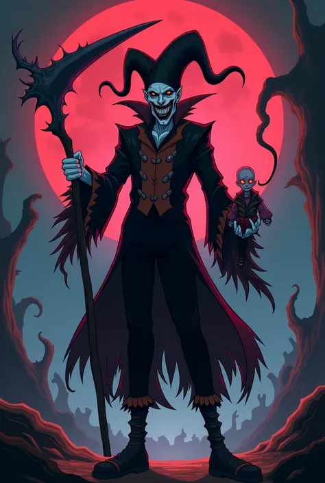 Create an anime-style image of a sinister villain in the style of Naruto Shippuden. The character is a shadowy, clown-like figure who exudes menace and chaos. His face is pale, with dark circles under his piercing, glowing yellow eyes. A deep scar cuts thr...