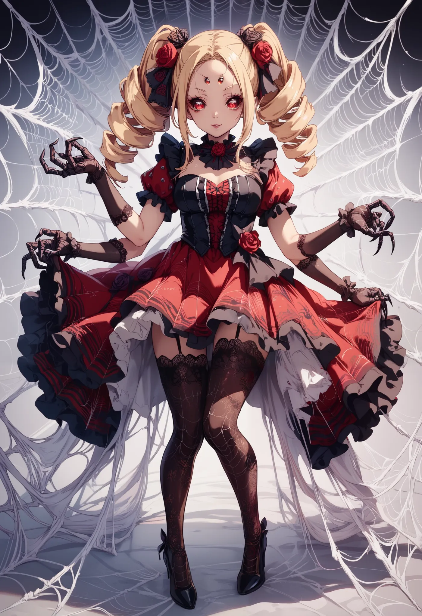 spider girl. lady. twin drill hair. blonde hair. red eyes. horror eyes. black and red dress. frills. dark fantasy. multiple arms...