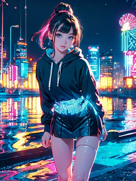 ( best quality:1.2,  very detailed , Latest,  lively,    high contrast, masterpiece:1.2,  best quality,  best aesthetics ),   girl, ((  Frontal knee to top composition :1.4)),   colorful hair,Short bob ponytail with braids   ,  Pastel Color ,  1980s style ...