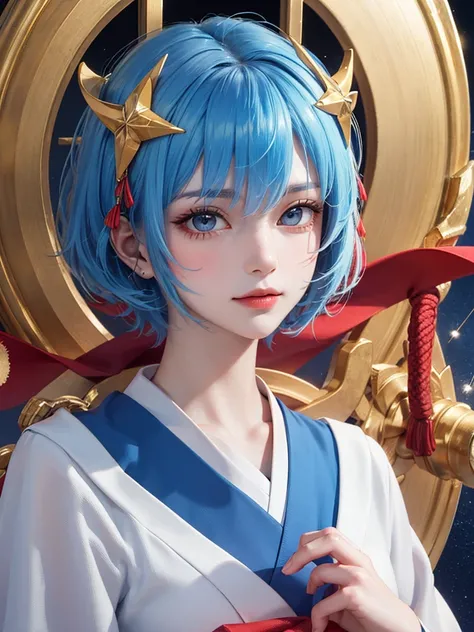 masterpiece， best quality，8k， detailed skin texture， Detailed Cloth Texture ，Beautifully detailed face， complex details，Ultra-detailed，Portrait of Rei Ayanami，Blue Hair，Red colored eyes， black headgear on the head,Pixieカット，Shining Skin Hair Ornaments, Gold...