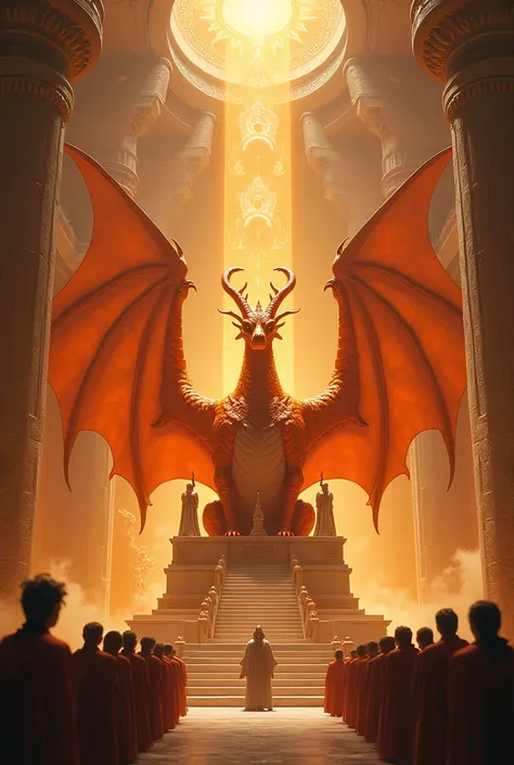 Create an image of illusionary antient temple inside. Large temple in the image, orange Dragon is king, orange Dragon is sitting on throne, two drakaina are standing behind the throne. People are in the temple in front of king. Very dramatic and fusionary ...