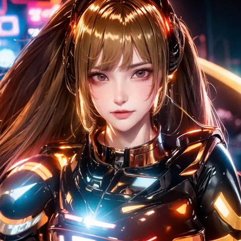 High image quality,8k,Portrait with only one girls face,Shiny brown long hair, detailed,  Cyberpunk ,Only black costumes,The costume is shiny,Shiny red long hair, riding a motorcycle ,8k, detailed目,8k,  detailed,The background is white,