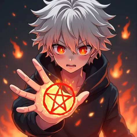 boy,white hair, glowing red eyes,Conjuring magic pentagram with one hand,brave face,anime,Aura surrounded by fire 