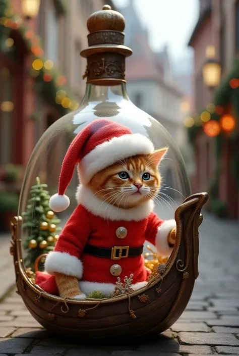  realistic, beautiful detailed shine, A fun cat dressed as Santa Claus on a street in Riquewihr decorated Christmas seen in a bottle like a boat

INFORMATION
