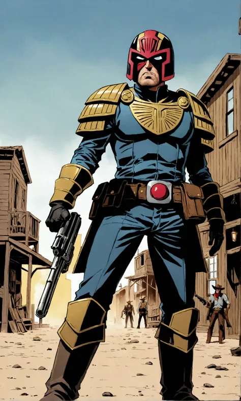 Comics judge dredd in a cowboy themed armor and broad rimmed hat helmet, big badge, huge gun. He is confronting mutant viallain cowboys in an old west town, high noon
