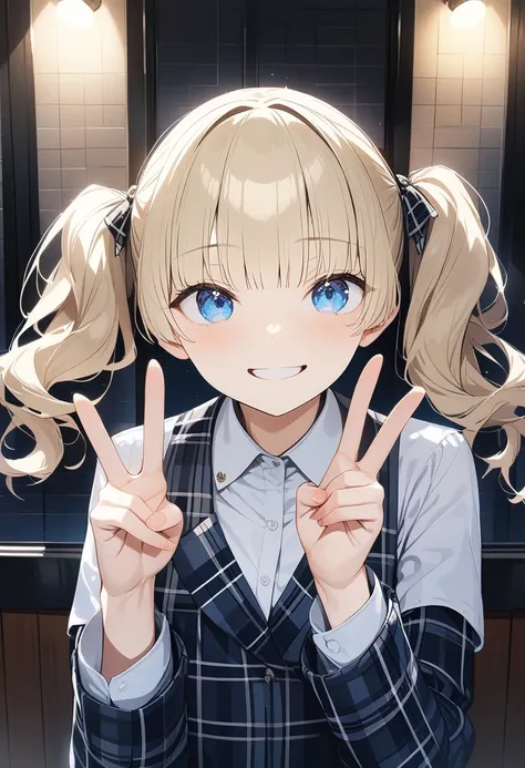 {prompt}, masterpiece, best quality, very aesthetic, ultra detailed, 8k, novel illustration, 1girl, student uniform, plaid skirt, Blonde, twin tails, blunt bangs, ultra detailed face,  blue eyes, 18 years old, nice smile, hand peace sign, black thighhighs,...