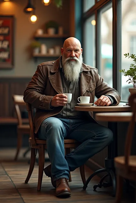 a bald 53 year old man with a long white beard, well-built physique, wearing a leather jacket, jeans, and cowboy boots, sitting in a cafe and drinking coffee, ultra-high definition, realistic, highly detailed