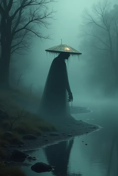 A misty riverbank at dusk with a shadowy humanoid figure resembling a kappa. The creature has webbed hands and a faintly glowing plate on its head, creating an eerie, folkloric vibe."