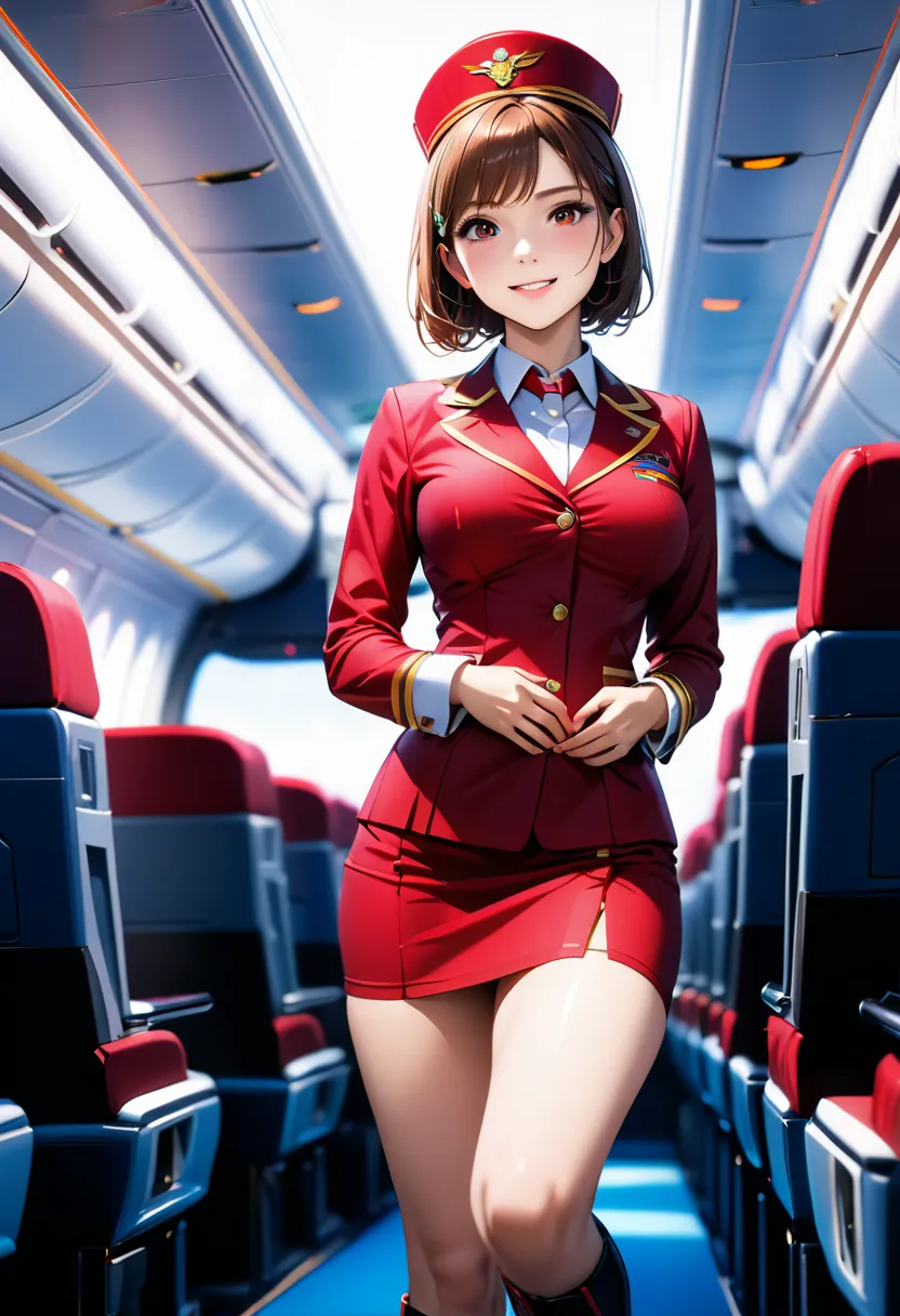 a beautiful flight attendant in an orange and pink dress, with a very detailed and gorgeous face, eyes, and anatomy, wearing a m...